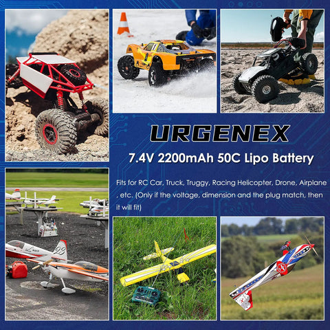 Collage of RC vehicles and aircraft powered by 7.4V 2200mAh LiPo Battery With 50C Burst 80C High Discharge, Deans T Plug, USB Charger