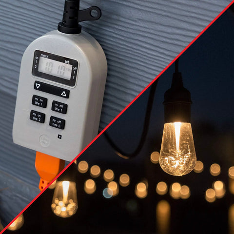 Outdoor Digital Timer Switch With Two On Off Programs, Grounded Single Outlet in use with seasonal lights, gray, battery backup included
