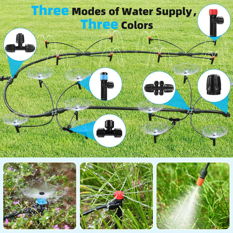No Fuss 234 Foot Drip Irrigation System Kit With Adjustable Three Spray Patterns For Gardens Raised Beds Lawns And Greenhouses