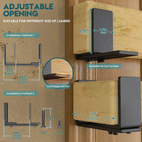Heavy Duty Adjustable Door Barricade Brackets Forged From Solid Steel To Firmly Lock Down Any Interior Door And Block Sneaky Intruders From Messing With Your Setup Today, showing adjustable lumber sizes and installation methods.