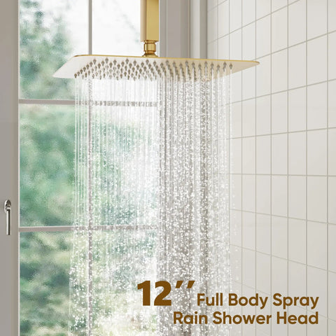 12 Inch Rain Shower Head With Handheld Combo Set, Ceiling Mounted High Pressure Dual Shower System in Gold Finish, Shower On