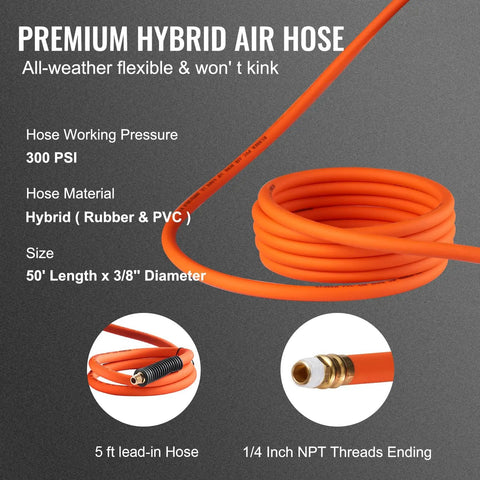 Premium hybrid air hose with 50 ft length, 3/8 inch diameter, 300 PSI pressure, hybrid rubber and PVC, 5 ft lead in, NPT threads.