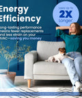 Woman sitting on sofa with dog, showcasing energy efficiency benefits of 513 Replacement Filter For Whole House Air Purifiers, MERV 13