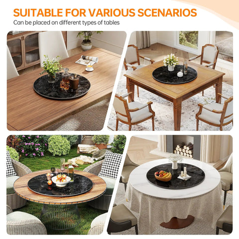 Smooth Operator 35.5 Inch Lazy Susan Turntable With Grip Tight Non Slip Base on different table settings for serving.