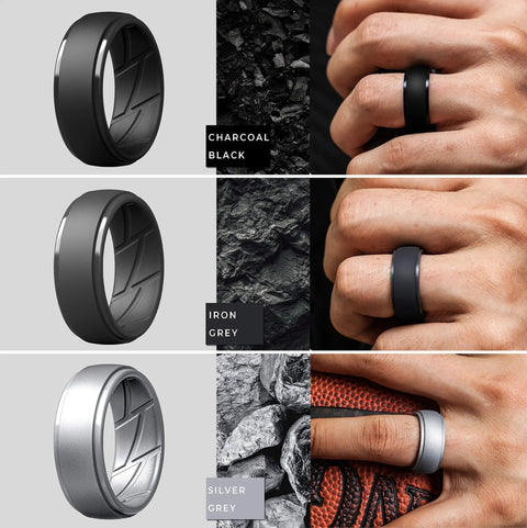 Mens Silicone Wedding Ring With Breathable Rubber Band Crafted To Handle Daily Grinds And Heavy Sweats, showcasing Charcoal Black, Iron Grey, and Silver Grey.