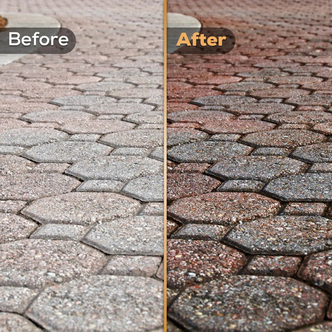 Before and after application of Clear Acrylic Sealer For Concrete Pavers, High Gloss Wet Look Finish, shows enhanced color.