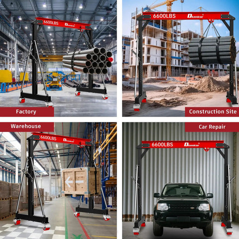 3 Ton Portable Gantry Crane With 8.53 Ft Wide Span, Adjustable 8.53-12.47 Ft Height, Heavy Duty Shop Lift Hoist With Manual Trolley, Red