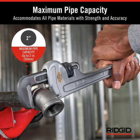 Using Pro Grade Aluminum 12 Inch Straight Pipe Wrench with floating forged hook jaw on 2-inch pipe, durable silver finish.