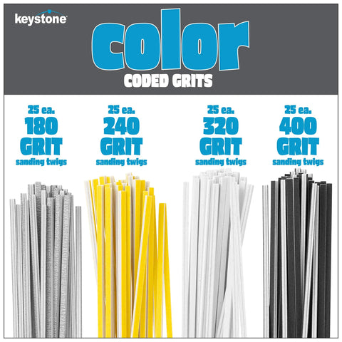 Fine Sanding Twig Set With Color Coded Abrasive Grits For Detail Sanding And Polishing, 121 Piece Assortment displayed by grit color