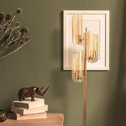 LED Tree Floor Lamp With 3 Light Heads In Brass Finish, Metal Cage Shade, Tall Standing Lamp For Living Room, Bedroom Or Office