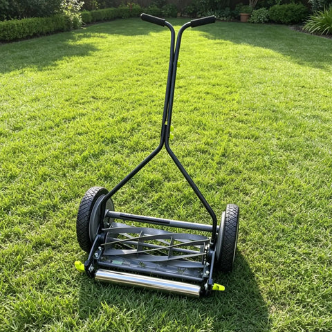 Manual push lawn mower with black handle, two wheels, and rotary blades standing on lush green grass in a garden.