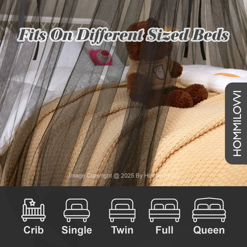 Black Bed Canopy With Star Lights For Kids And Adults, sheer net over a bed with a teddy bear, fits crib to queen beds.
