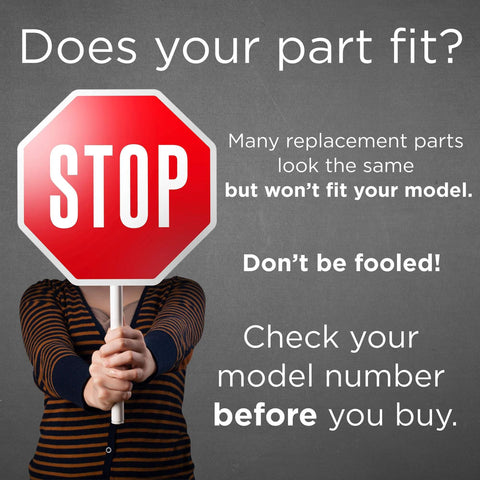 Person holding stop sign poster with text about checking model numbers for O.E.M. Authorized Spring Hinge Replacement Part MHY62964802.