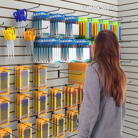 Retail display showing 2 Inch Slatwall Deluxe Display Hooks For Panels Black Pack Of 96 Commercial Grade Heavy Duty Retail Hooks