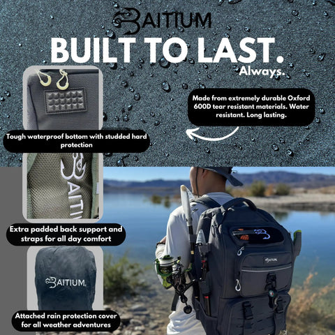 Back view of Go To Fishing Backpack Tackle Bag With Rod Holders And Built In Cooler 40L capacity shown near water