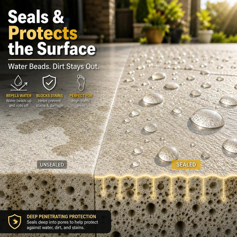 Wet Look Stone Sealer For Pavers And Surfaces Indoor Outdoor Slick Gloss Finish showing sealed vs unsealed concrete surface.