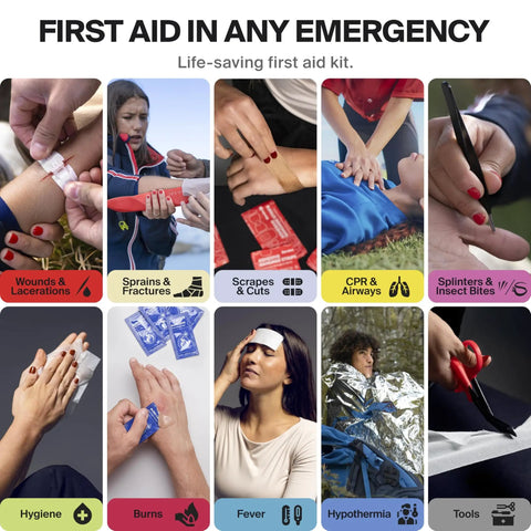 Collage of first aid scenarios including wound care, CPR, temperature management, and injury treatment outdoors.