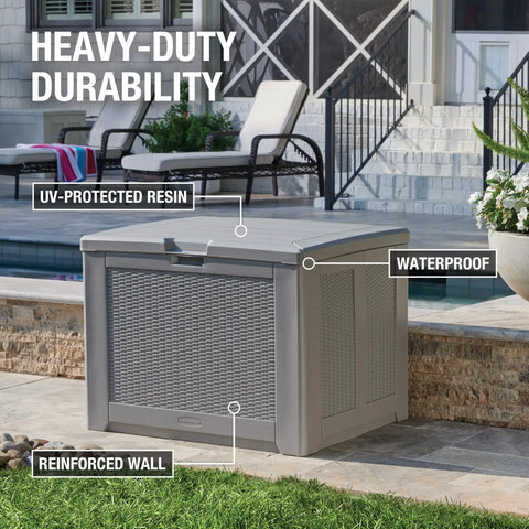 Gray Heavy Duty Resin Outdoor Storage Deck Box 74 Gallon Weatherproof on patio, labeled waterproof and UV-protected resin.