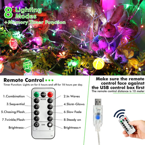 Display of Pastel Easter String Lights 33ft With USB Powered 100 LED Indoor Fairy Lights Remote Control 8 Modes And Timer