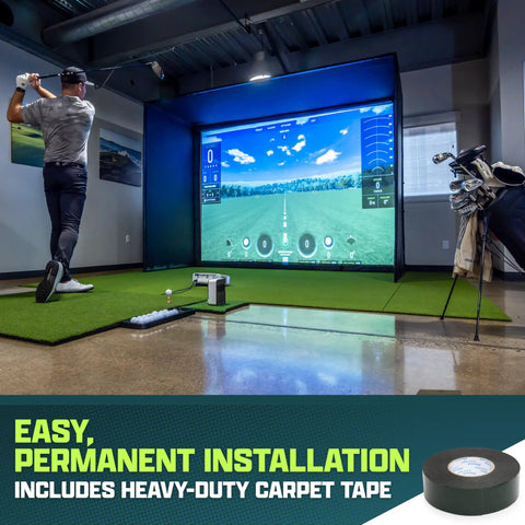 12x6 Ft Golf Simulator Turf Mat 15mm Elite Indoor Golf Mat with golfer practicing in home studio setup