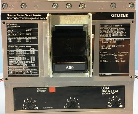 Top Dollar 600 Amp Three Pole Molded Case Circuit Breaker with 600 Volt rating and thermal magnetic controls.