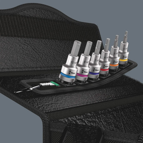 6-Piece 1/2-Inch Drive Hex-Plus Socket Set With Belt Holder and Holding Function in textile case, various socket sizes visible.