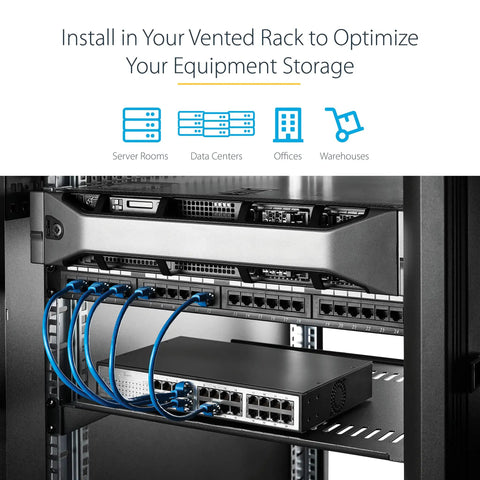 Heavy Duty 1U Vented Rack Shelf For 19 Inch Server Cabinets Featuring 10 Inch Depth And 44 Pound Load Capacity, installed in server rack with networking gear.