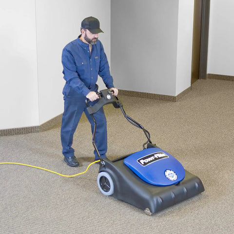 Powr-Flite Industrial Wide Area Carpet Vacuum Cleaner Bagged PF2030 with user on carpeted floor, demonstrating 30 inch cleaning path.