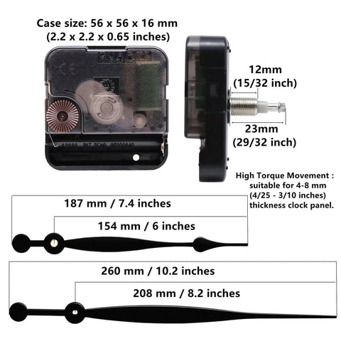 Quartz Wall Clock Movement Replacement Kit Battery Powered With High Torque Drive Long Shaft For Thick Dial 0.3125 Inches
