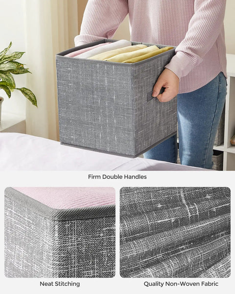 Rock Solid Foldable Storage Cubes Set Of 6, Durable 11 Inch closet organizer with reinforced handles and quality gray textile.