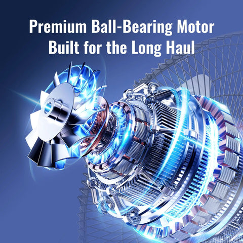 Detailed view of ball-bearing motor for 14 Inch Magnetic Misting Outdoor Fan With Wall Mount Kit Snap On Mist System.