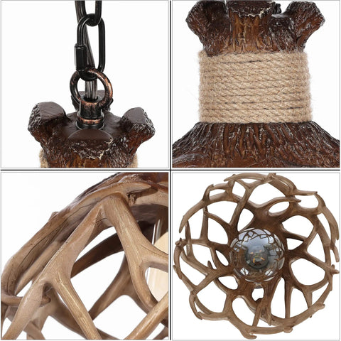 Close-up of Rustic Deer Antler Pendant Ceiling Light With Aged Iron Accents, One E26 Base, brown finish, showcasing faux antler details.