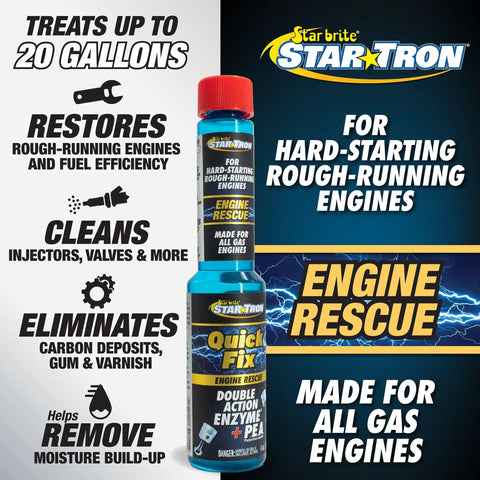 Fast Acting Fuel System And Injector Cleaner Quick Fix For Rough Idles Smooth Ride Gas Tank Additive Featuring Advanced Enzyme Formula To Clear Out Dirt And Bring Your Engine Back To Life Pack Of Two product image with details on engine treatment benefits.