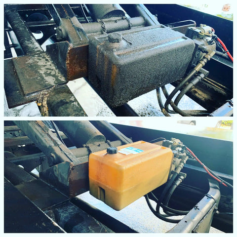 Comparison of machinery part before and after cleaning with Touchless Heavy Equipment Cleaner One Step Detergent Soap Concentrate