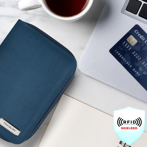 RFID Blocking Passport Zip Wallet For Safe Travel and RFID-shielded card next to laptop and coffee on white surface