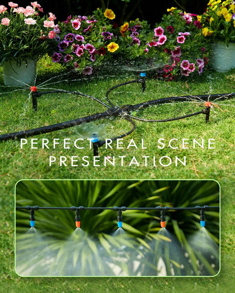 240 Feet Drip Irrigation System Kit with half inch and quarter inch tubing watering flower beds