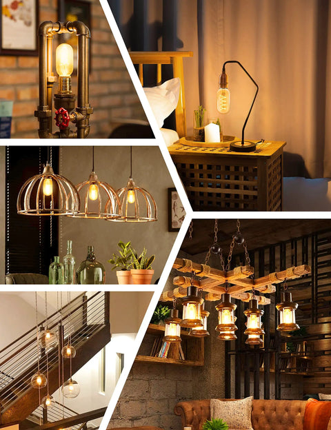 Collage of vintage Edison LED bulbs in fixtures showcasing 4 Pack Vintage Edison LED Bulbs 4W Filament With 60 Watt Equivalent T45 Style Non Dimmable Warm White 2700K E26 Base Energy Saving Durable Antique Look For Ceiling Fixtures Pendants And Lamps.