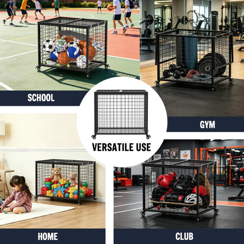 Smooth Rolling Ball Cart With Secure Lock And Hella Spacious Compartment For Garage Sports Gear Yoga Balls Basketball Storage Bin in various settings.