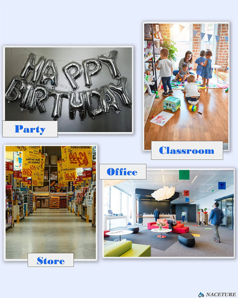 Collage of a party with balloons, children in a classroom, a store aisle, and a modern office space.