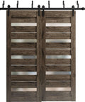 Interior Barn Bypass Sliding Doors With Frosted Glass In Black Finish Two Slab Doors With Rails Hangers Floor Guides And Hardware Included