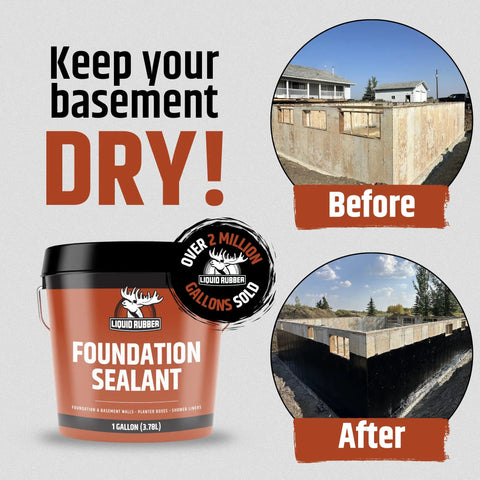 Before and after of a foundation sealed with Basement And Foundation Waterproof Sealer For Indoor And Outdoor Use in black.