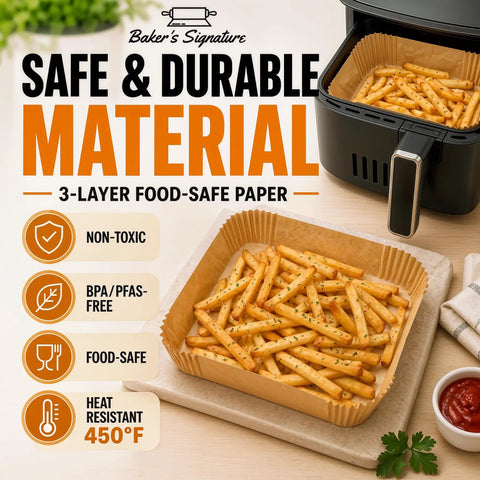 Hassle Free Air Fryer Liners Disposable Parchment Paper Silicone Coated Nonstick Bpa Free Oil Proof Heat Resistant To 450F with fries.