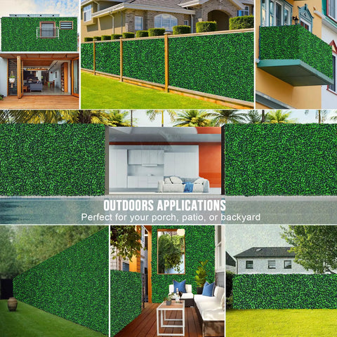 Collage of Totally Realistic Artificial Boxwood Roll Panels 40 By 120 Inches Privacy Fence Screen Faux Ivy Leaves used outdoors