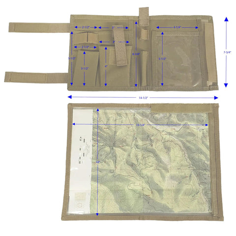 Advanced Compass Navigation Kit With Multifunction Case And Protective Map Pouch In Tan for outdoor use showing measurements.