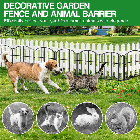 Easy No Dig Garden Fence Kit With 10 Arched Panels installed as garden and animal barrier behind a dog and cat on lawn.