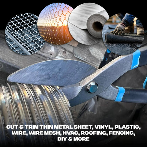 Heavy Duty 10 Inch Straight Cut Tin Snips With No Sweat Comfort Grip Handle For Cutting Aluminum Sheet Metal Roofing Ductwork And Iron, cutting through layered metal sheets.