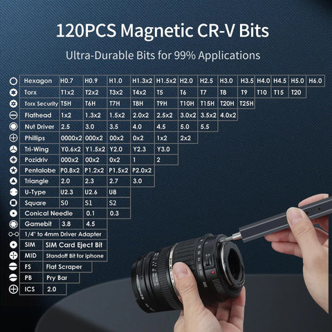 Person using 150 In 1 Electric Screwdriver Set With 120 Magnetic Bits And 30 Accessories to repair camera lens
