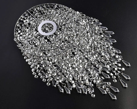 Top view of Three Tier Beads Pendant Shade Chandelier With Acrylic Jewel Droplets And Chrome Silver Frame Beaded Lampshade
