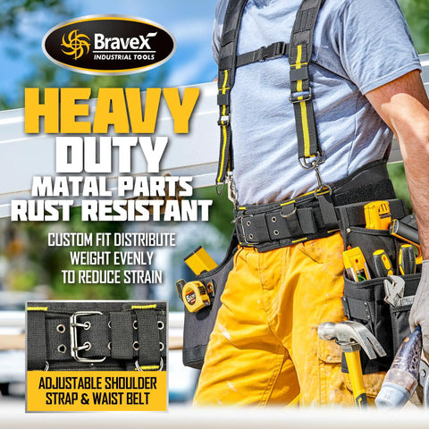 Person wearing Built Tough Tool Belt Set With Suspenders And Pro Vest Ultra 20 Pouches H Style Apron Pouch for Framers and Carpenters.
