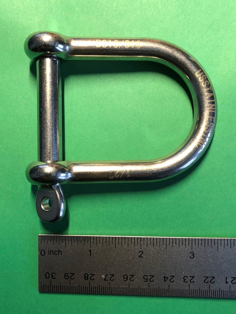 316 Stainless Wide D Shackle Half Inch Marine Grade Not For Overhead Lifting Corrosion Resistant Boat Dock Rigging Hardware Stamped 316 Size For Sailboats Yachts Kayaks And Anchors next to ruler showing size